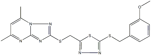 2-[({5-[(3-methoxybenzyl)sulfanyl]-1,3,4-thiadiazol-2-yl}methyl)sulfanyl]-5,7-dimethyl[1,2,4]triazolo[1,5-a]pyrimidine Structure