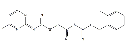 5,7-dimethyl-2-[({5-[(2-methylbenzyl)sulfanyl]-1,3,4-thiadiazol-2-yl}methyl)sulfanyl][1,2,4]triazolo[1,5-a]pyrimidine Struktur