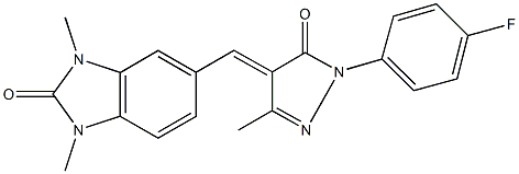 5-{[1-(4-fluorophenyl)-3-methyl-5-oxo-1,5-dihydro-4H-pyrazol-4-ylidene]methyl}-1,3-dimethyl-1,3-dihydro-2H-benzimidazol-2-one Struktur