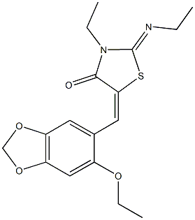 5-[(6-ethoxy-1,3-benzodioxol-5-yl)methylene]-3-ethyl-2-(ethylimino)-1,3-thiazolidin-4-one 化学構造式