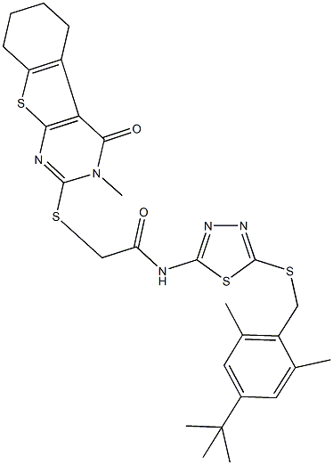 N-{5-[(4-tert-butyl-2,6-dimethylbenzyl)sulfanyl]-1,3,4-thiadiazol-2-yl}-2-[(3-methyl-4-oxo-3,4,5,6,7,8-hexahydro[1]benzothieno[2,3-d]pyrimidin-2-yl)sulfanyl]acetamide Struktur