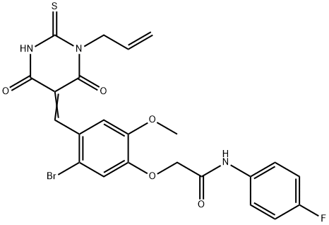 2-{4-[(1-allyl-4,6-dioxo-2-thioxotetrahydropyrimidin-5(2H)-ylidene)methyl]-5-bromo-2-methoxyphenoxy}-N-(4-fluorophenyl)acetamide 化学構造式