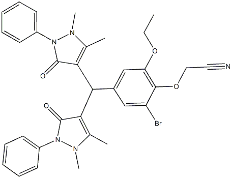 {4-[bis(1,5-dimethyl-3-oxo-2-phenyl-2,3-dihydro-1H-pyrazol-4-yl)methyl]-2-bromo-6-ethoxyphenoxy}acetonitrile Struktur