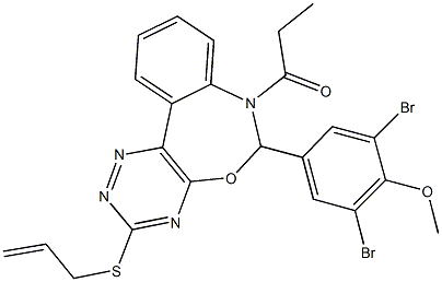 4-[3-(allylsulfanyl)-7-propionyl-6,7-dihydro[1,2,4]triazino[5,6-d][3,1]benzoxazepin-6-yl]-2,6-dibromophenyl methyl ether,666819-24-5,结构式