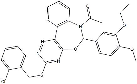 7-acetyl-3-[(2-chlorobenzyl)sulfanyl]-6-(3-ethoxy-4-methoxyphenyl)-6,7-dihydro[1,2,4]triazino[5,6-d][3,1]benzoxazepine 化学構造式