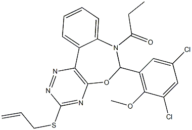 2-[3-(allylsulfanyl)-7-propionyl-6,7-dihydro[1,2,4]triazino[5,6-d][3,1]benzoxazepin-6-yl]-4,6-dichlorophenyl methyl ether,666819-68-7,结构式
