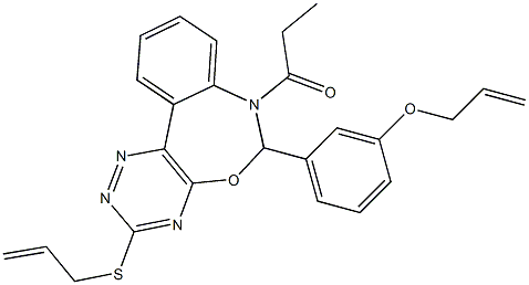 allyl 3-[3-(allylsulfanyl)-7-propionyl-6,7-dihydro[1,2,4]triazino[5,6-d][3,1]benzoxazepin-6-yl]phenyl ether 化学構造式