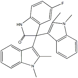 5-fluoro-1,3-dihydro-3,3-bis(1,2-dimethyl-1H-indol-3-yl)-2H-indol-2-one Struktur