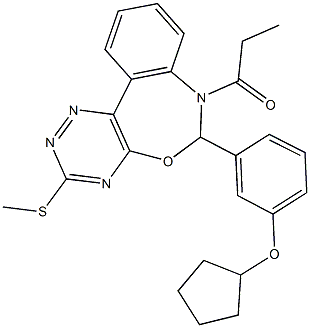 6-[3-(cyclopentyloxy)phenyl]-3-(methylsulfanyl)-7-propionyl-6,7-dihydro[1,2,4]triazino[5,6-d][3,1]benzoxazepine Struktur