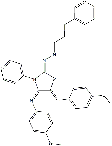 3-phenylacrylaldehyde {4,5-bis[(4-methoxyphenyl)imino]-3-phenyl-1,3-thiazolidin-2-ylidene}hydrazone 化学構造式