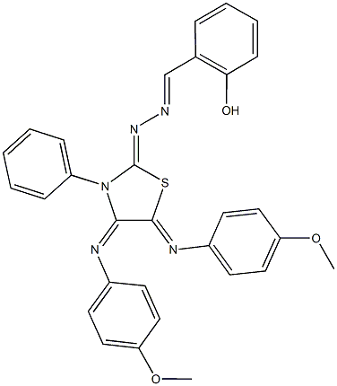2-hydroxybenzaldehyde {4,5-bis[(4-methoxyphenyl)imino]-3-phenyl-1,3-thiazolidin-2-ylidene}hydrazone 化学構造式