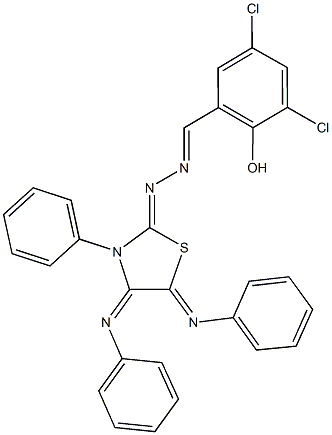 3,5-dichloro-2-hydroxybenzaldehyde [3-phenyl-4,5-bis(phenylimino)-1,3-thiazolidin-2-ylidene]hydrazone Struktur