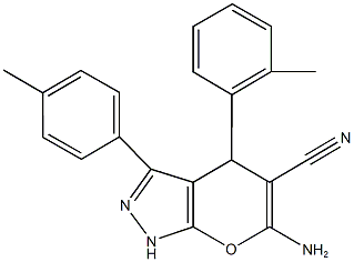 6-amino-4-(2-methylphenyl)-3-(4-methylphenyl)-1,4-dihydropyrano[2,3-c]pyrazole-5-carbonitrile 结构式