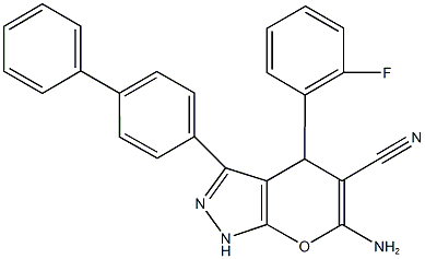 6-amino-3-[1,1'-biphenyl]-4-yl-4-(2-fluorophenyl)-1,4-dihydropyrano[2,3-c]pyrazole-5-carbonitrile Struktur