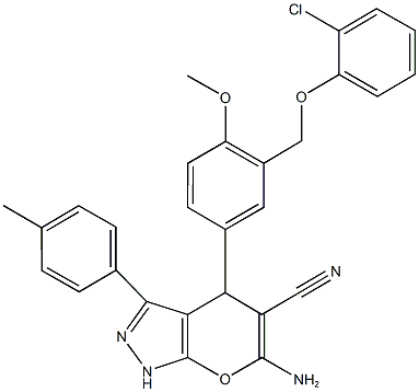 6-amino-4-{3-[(2-chlorophenoxy)methyl]-4-methoxyphenyl}-3-(4-methylphenyl)-1,4-dihydropyrano[2,3-c]pyrazole-5-carbonitrile Struktur