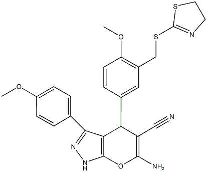 6-amino-4-{3-[(4,5-dihydro-1,3-thiazol-2-ylsulfanyl)methyl]-4-methoxyphenyl}-3-(4-methoxyphenyl)-1,4-dihydropyrano[2,3-c]pyrazole-5-carbonitrile,667404-70-8,结构式