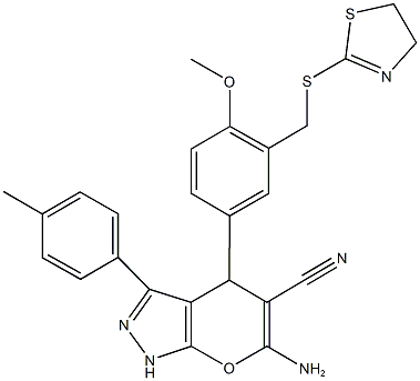 6-amino-4-{3-[(4,5-dihydro-1,3-thiazol-2-ylsulfanyl)methyl]-4-methoxyphenyl}-3-(4-methylphenyl)-1,4-dihydropyrano[2,3-c]pyrazole-5-carbonitrile Structure