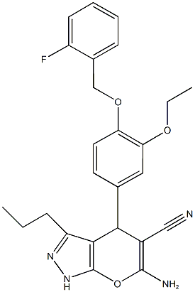 6-amino-4-{3-ethoxy-4-[(2-fluorobenzyl)oxy]phenyl}-3-propyl-1,4-dihydropyrano[2,3-c]pyrazole-5-carbonitrile 结构式