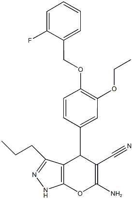 6-amino-4-{3-ethoxy-4-[(2-fluorobenzyl)oxy]phenyl}-3-propyl-1,4-dihydropyrano[2,3-c]pyrazole-5-carbonitrile,667405-08-5,结构式