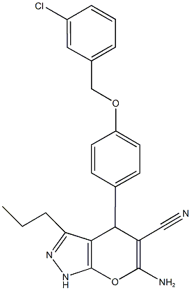6-amino-4-{4-[(3-chlorobenzyl)oxy]phenyl}-3-propyl-1,4-dihydropyrano[2,3-c]pyrazole-5-carbonitrile Structure