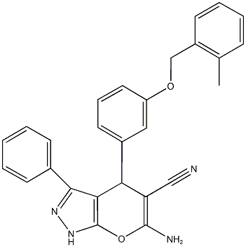 6-amino-4-{3-[(2-methylbenzyl)oxy]phenyl}-3-phenyl-1,4-dihydropyrano[2,3-c]pyrazole-5-carbonitrile Structure