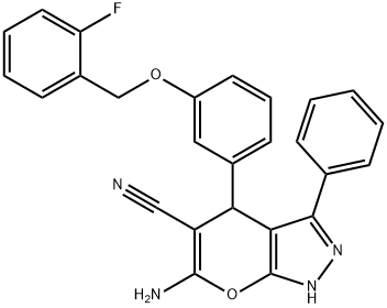 6-amino-4-{3-[(2-fluorobenzyl)oxy]phenyl}-3-phenyl-1,4-dihydropyrano[2,3-c]pyrazole-5-carbonitrile Struktur