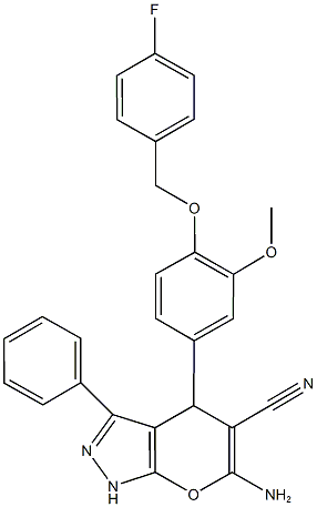 6-amino-4-{4-[(4-fluorobenzyl)oxy]-3-methoxyphenyl}-3-phenyl-1,4-dihydropyrano[2,3-c]pyrazole-5-carbonitrile|