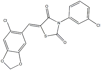 5-[(6-chloro-1,3-benzodioxol-5-yl)methylene]-3-(3-chlorophenyl)-1,3-thiazolidine-2,4-dione 化学構造式