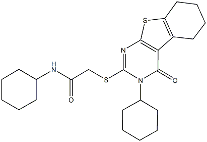 N-cyclohexyl-2-[(3-cyclohexyl-4-oxo-3,4,5,6,7,8-hexahydro[1]benzothieno[2,3-d]pyrimidin-2-yl)sulfanyl]acetamide 结构式