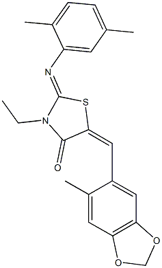 2-[(2,5-dimethylphenyl)imino]-3-ethyl-5-[(6-methyl-1,3-benzodioxol-5-yl)methylene]-1,3-thiazolidin-4-one Struktur