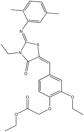 ethyl [4-({2-[(2,5-dimethylphenyl)imino]-3-ethyl-4-oxo-1,3-thiazolidin-5-ylidene}methyl)-2-ethoxyphenoxy]acetate 化学構造式