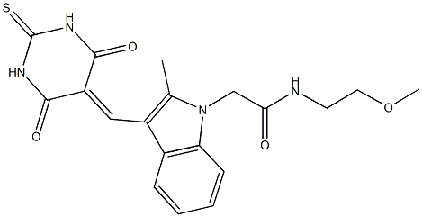 2-{3-[(4,6-dioxo-2-thioxotetrahydro-5(2H)-pyrimidinylidene)methyl]-2-methyl-1H-indol-1-yl}-N-(2-methoxyethyl)acetamide 化学構造式