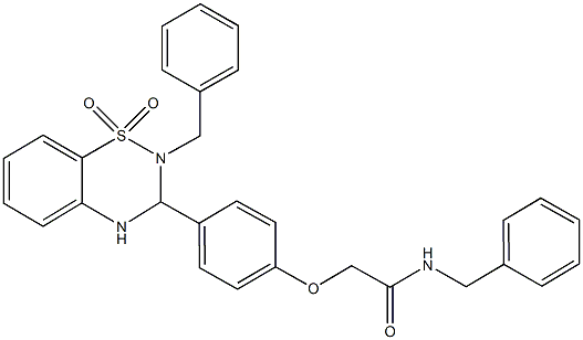 N-benzyl-2-[4-(2-benzyl-1,1-dioxido-3,4-dihydro-2H-1,2,4-benzothiadiazin-3-yl)phenoxy]acetamide Structure