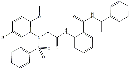 2-({[5-chloro-2-methoxy(phenylsulfonyl)anilino]acetyl}amino)-N-(1-phenylethyl)benzamide 化学構造式