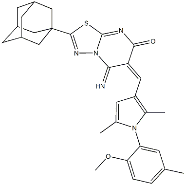 2-(1-adamantyl)-5-imino-6-{[1-(2-methoxy-5-methylphenyl)-2,5-dimethyl-1H-pyrrol-3-yl]methylene}-5,6-dihydro-7H-[1,3,4]thiadiazolo[3,2-a]pyrimidin-7-one Struktur