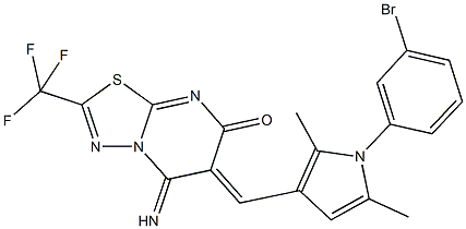 6-{[1-(3-bromophenyl)-2,5-dimethyl-1H-pyrrol-3-yl]methylene}-5-imino-2-(trifluoromethyl)-5,6-dihydro-7H-[1,3,4]thiadiazolo[3,2-a]pyrimidin-7-one 化学構造式