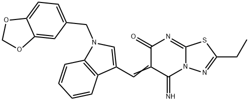 6-{[1-(1,3-benzodioxol-5-ylmethyl)-1H-indol-3-yl]methylene}-2-ethyl-5-imino-5,6-dihydro-7H-[1,3,4]thiadiazolo[3,2-a]pyrimidin-7-one 化学構造式
