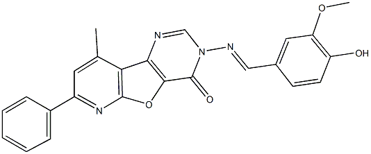 3-[(4-hydroxy-3-methoxybenzylidene)amino]-9-methyl-7-phenylpyrido[3',2':4,5]furo[3,2-d]pyrimidin-4(3H)-one 结构式