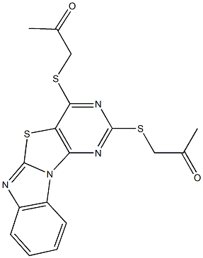 1-({2-[(2-oxopropyl)sulfanyl]pyrimido[4',5':4,5][1,3]thiazolo[3,2-a]benzimidazol-4-yl}sulfanyl)acetone 结构式