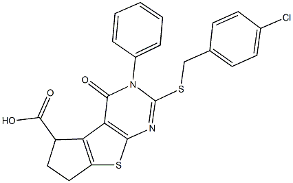 2-[(4-chlorobenzyl)sulfanyl]-4-oxo-3-phenyl-3,5,6,7-tetrahydro-4H-cyclopenta[4,5]thieno[2,3-d]pyrimidine-5-carboxylic acid,667883-10-5,结构式