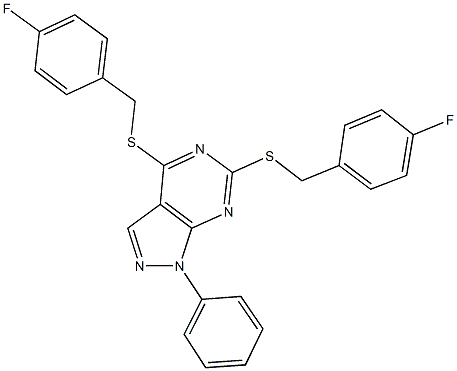 4,6-bis[(4-fluorobenzyl)sulfanyl]-1-phenyl-1H-pyrazolo[3,4-d]pyrimidine Struktur