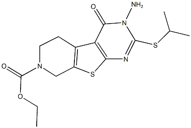 ethyl 3-amino-2-(isopropylsulfanyl)-4-oxo-3,5,6,8-tetrahydropyrido[4',3':4,5]thieno[2,3-d]pyrimidine-7(4H)-carboxylate 结构式