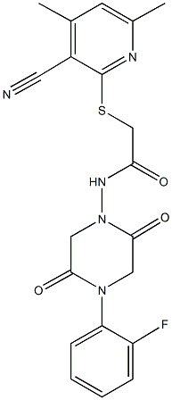 2-[(3-cyano-4,6-dimethyl-2-pyridinyl)sulfanyl]-N-[4-(2-fluorophenyl)-2,5-dioxo-1-piperazinyl]acetamide 结构式