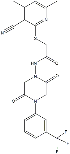 2-[(3-cyano-4,6-dimethyl-2-pyridinyl)sulfanyl]-N-{2,5-dioxo-4-[3-(trifluoromethyl)phenyl]-1-piperazinyl}acetamide Structure