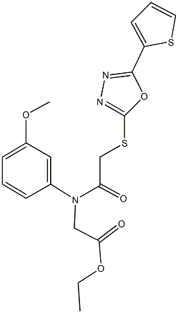 ethyl [3-methoxy({[5-(2-thienyl)-1,3,4-oxadiazol-2-yl]sulfanyl}acetyl)anilino]acetate Struktur