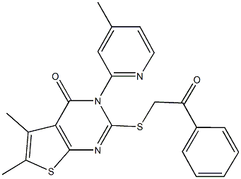 5,6-dimethyl-3-(4-methyl-2-pyridinyl)-2-[(2-oxo-2-phenylethyl)sulfanyl]thieno[2,3-d]pyrimidin-4(3H)-one 化学構造式