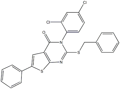 2-(benzylsulfanyl)-3-(2,4-dichlorophenyl)-6-phenylthieno[2,3-d]pyrimidin-4(3H)-one Struktur