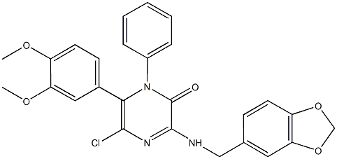3-[(1,3-benzodioxol-5-ylmethyl)amino]-5-chloro-6-(3,4-dimethoxyphenyl)-1-phenyl-2(1H)-pyrazinone Struktur