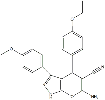 6-amino-4-(4-ethoxyphenyl)-3-(4-methoxyphenyl)-1,4-dihydropyrano[2,3-c]pyrazole-5-carbonitrile 化学構造式