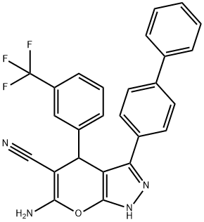 6-amino-3-[1,1'-biphenyl]-4-yl-4-[3-(trifluoromethyl)phenyl]-1,4-dihydropyrano[2,3-c]pyrazole-5-carbonitrile 结构式